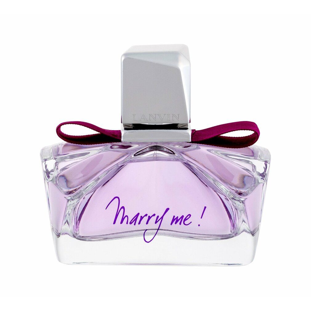 Flacone di profumo con fiocco e scritta "Marry me!". Chiusura argentata. Flacone con liquido rosa.