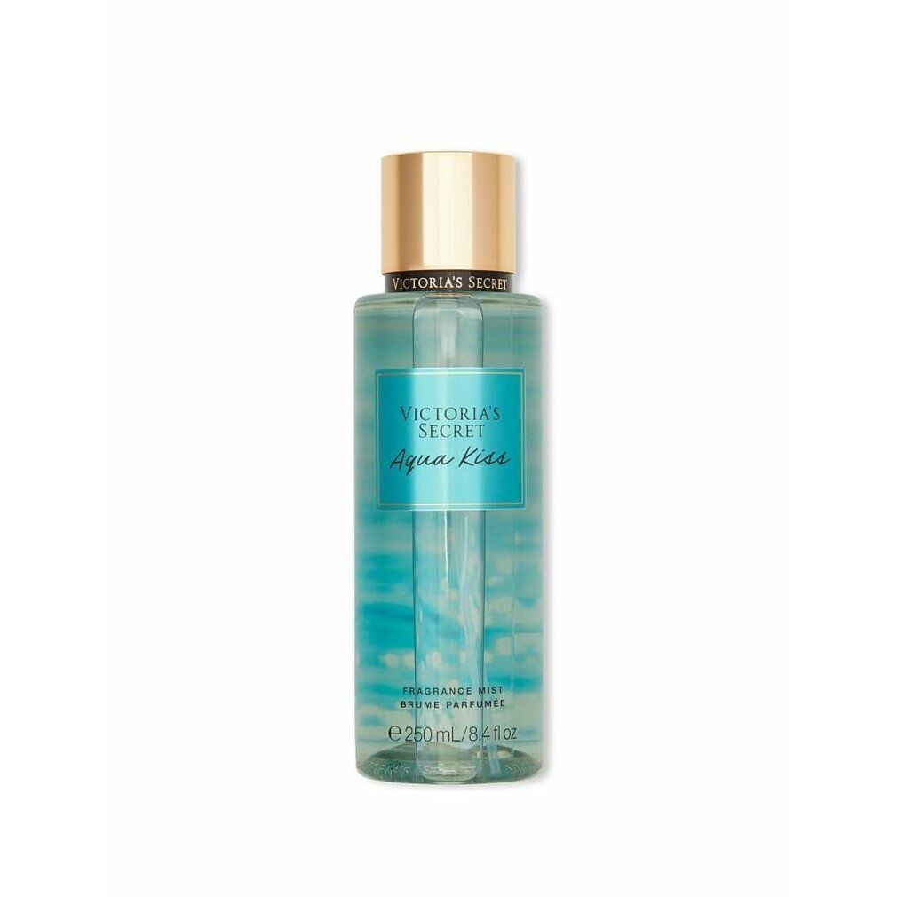 Flacone con tappo dorato. Scritta "Victoria's Secret Aqua Kiss". Sfondo turchese. "Fragrance Mist" e indicazione del volume.