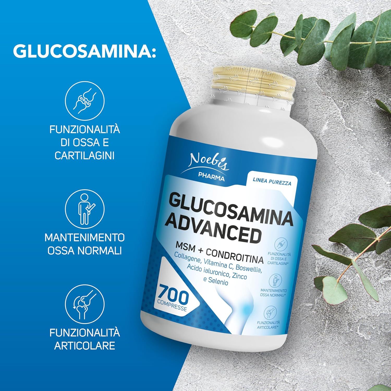 Flacone Glucosamina Advanced, 700 compresse. Icone: funzionalità articolare, mantenimento ossa, funzionalità articolare.