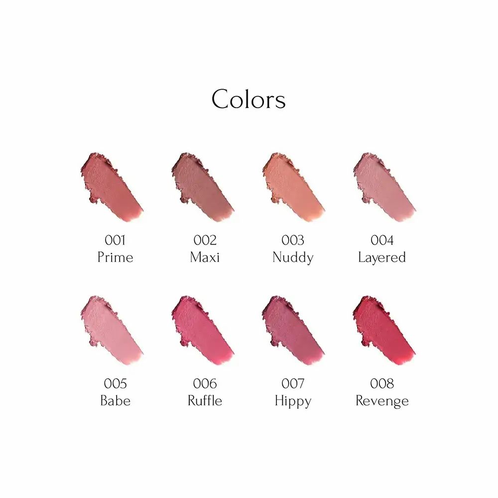Otto colori di rossetto. Nomi: Prime, Maxi, Nuddy, Layered, Babe, Ruffle, Hippy, Revenge.