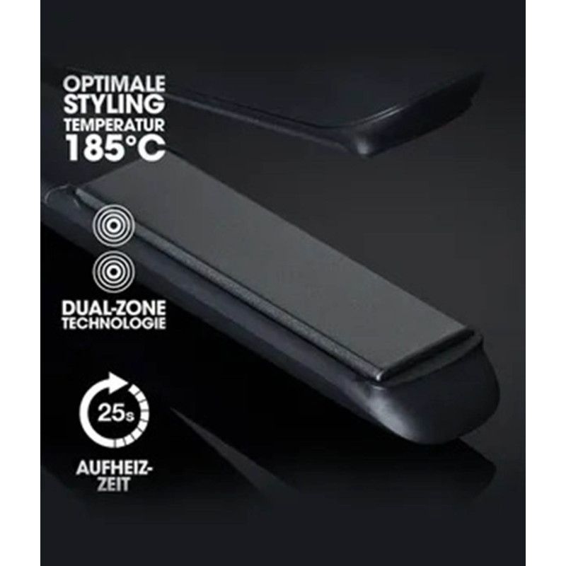 Piastra per capelli nera con tecnologia Dual-Zone, temperatura di styling 185°C, tempo di riscaldamento 25s.