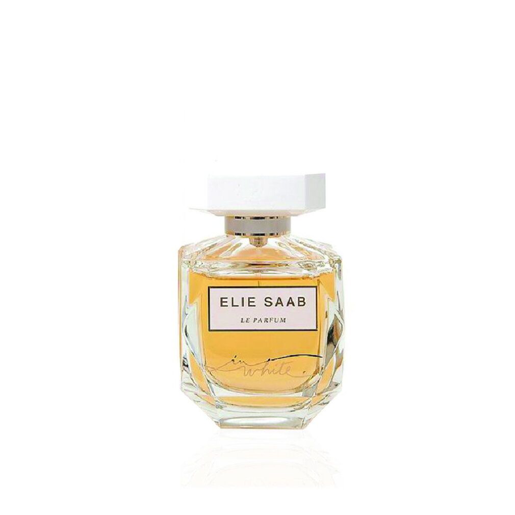 Flacone Elie Saab In White Eau de Parfum con tappo bianco sfaccettato ed etichetta dorata.