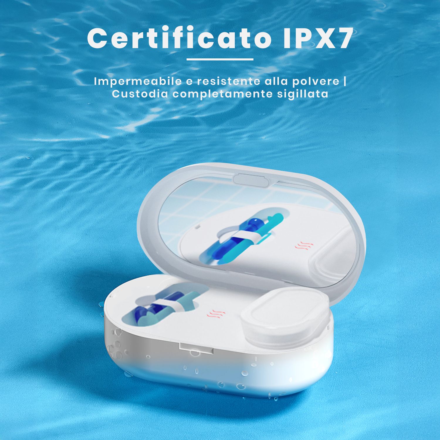 Dispositivo di pulizia per lenti a contatto bianco aperto. Certificazione IPX7. Include accessori e specchio.