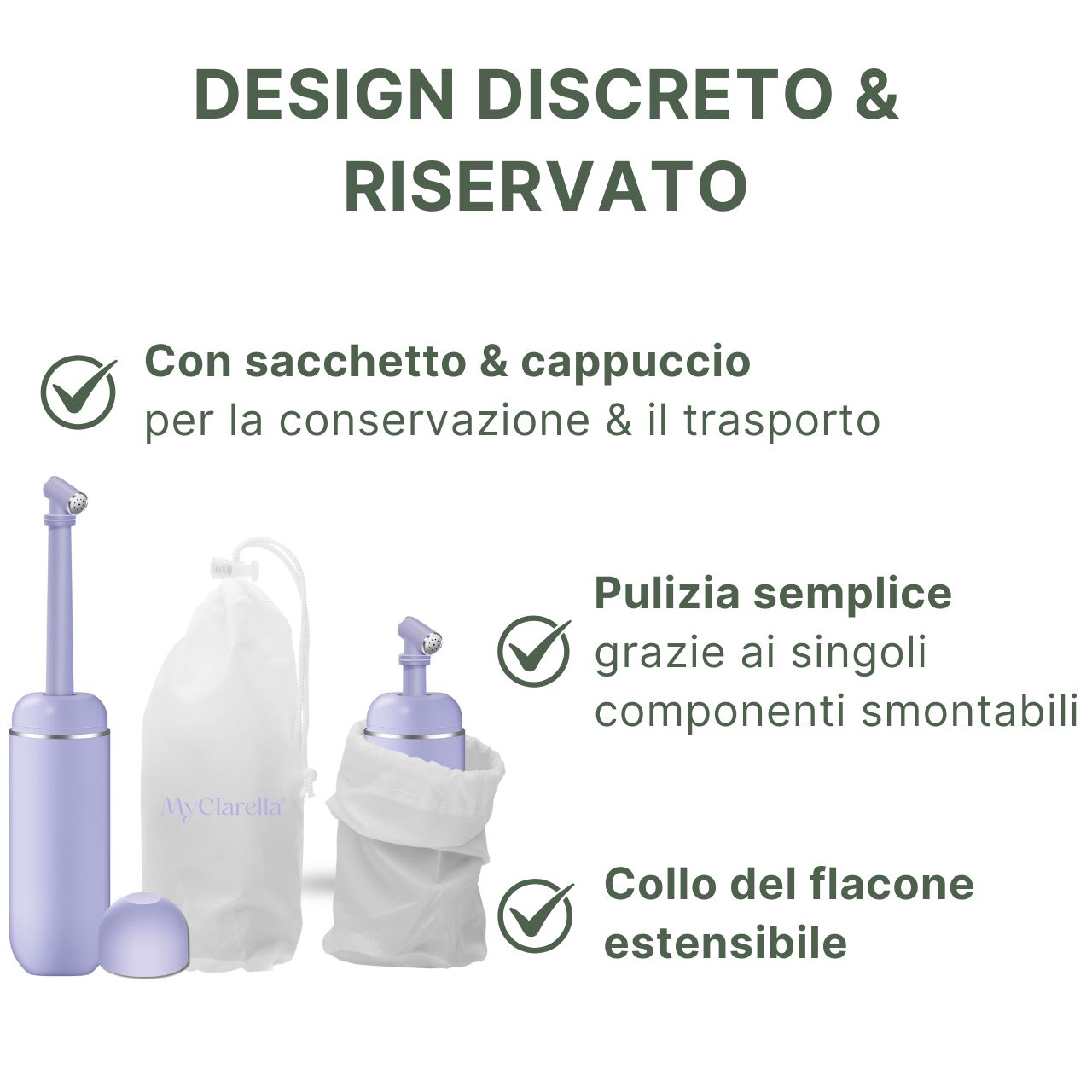 Doccia intima viola con sacchetto e cappuccio, smontabile, collo del flacone estensibile.