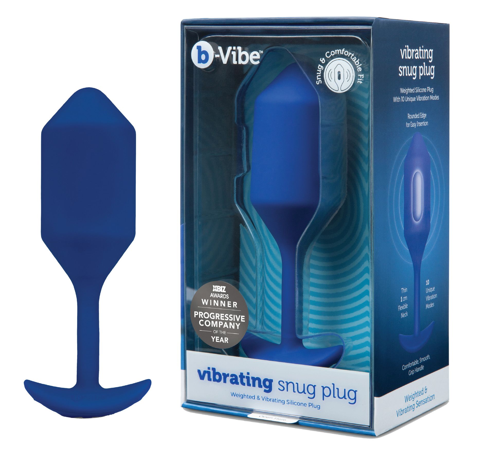 B-Vibe Vibrating Snug Plug blu, separato e nella confezione, con premi sulla scatola.