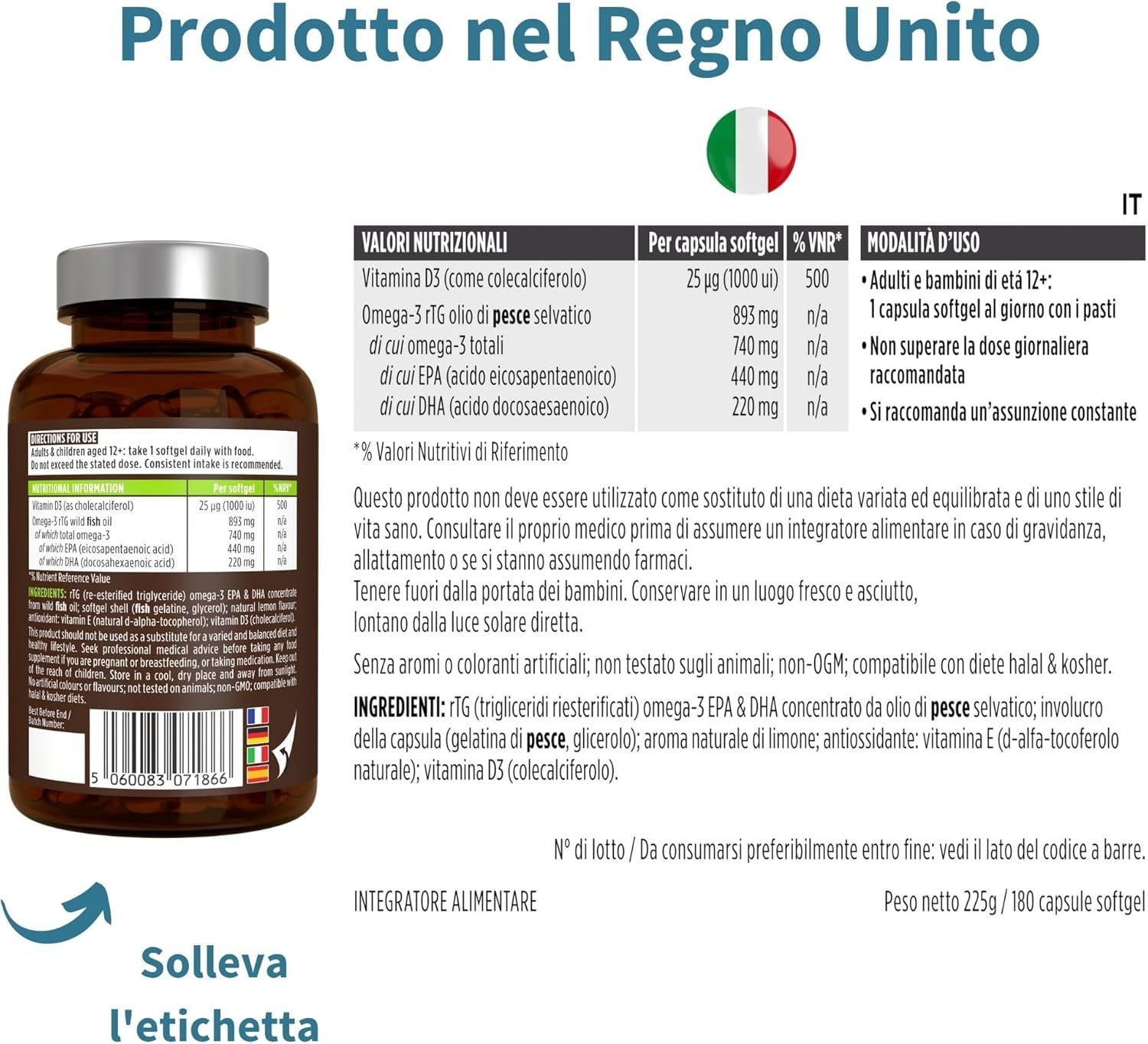 Flacone marrone con capsule. Informazioni sul prodotto. Informazioni nutrizionali. Ingredienti. Prodotto nel Regno Unito. Bandiera italiana.