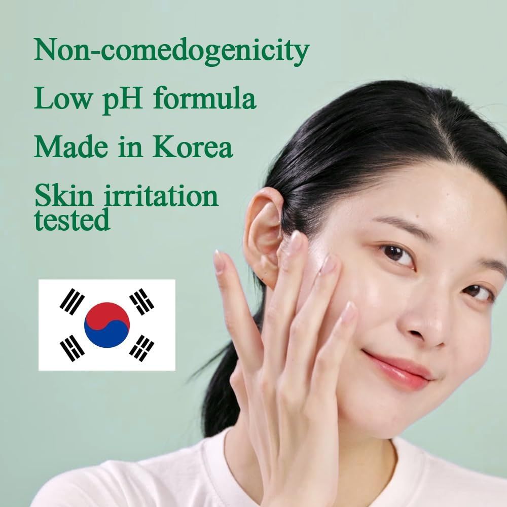 Donna applica il prodotto. Testo: Non comedogenico, formula a basso pH, Made in Korea, Testato per l'irritazione cutanea. Bandiera.