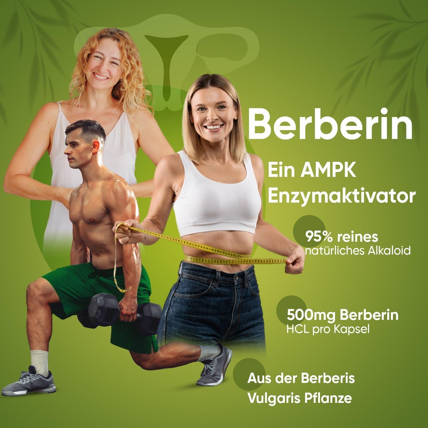 Immagine del prodotto berberina con persone e testo. Contiene informazioni su ingredienti e caratteristiche.