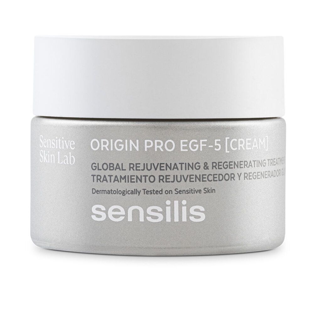 Vasetto argentato con coperchio bianco. Scritto: Origin Pro EGF-5 Creme. Marchio: Sensilis. Per pelli sensibili.
