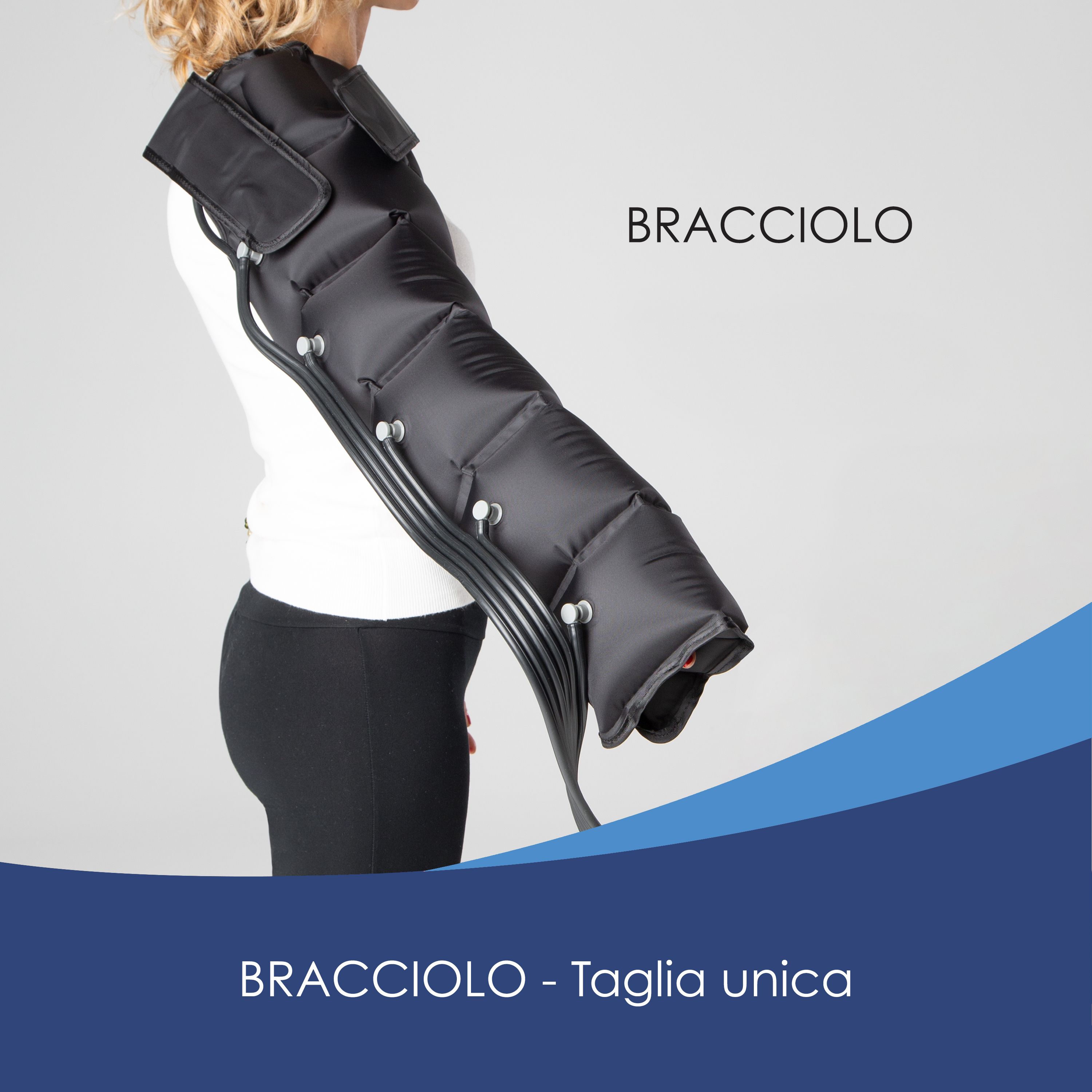 Fascia gonfiabile nera per braccio con tubi e chiusure.