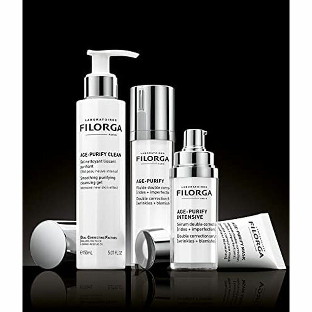 Gamma Filorga. Flaconi e tubo. Testo: Age-Purify, Age-Purify Clean, Age-Purify Intensive.