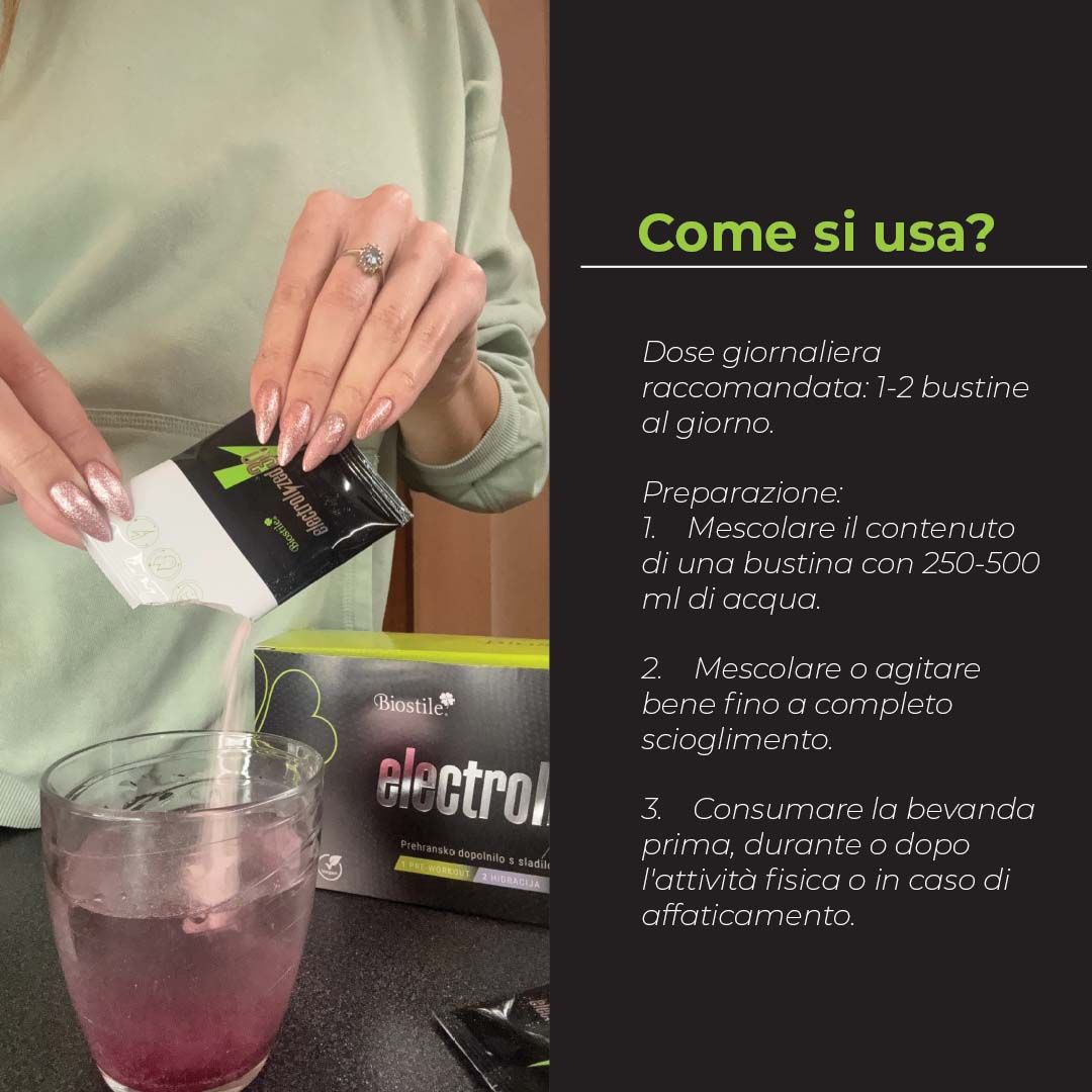 Mani versano il contenuto di una bustina in un bicchiere. Confezione prodotto e testo: "Come si usa?" e dosaggio.