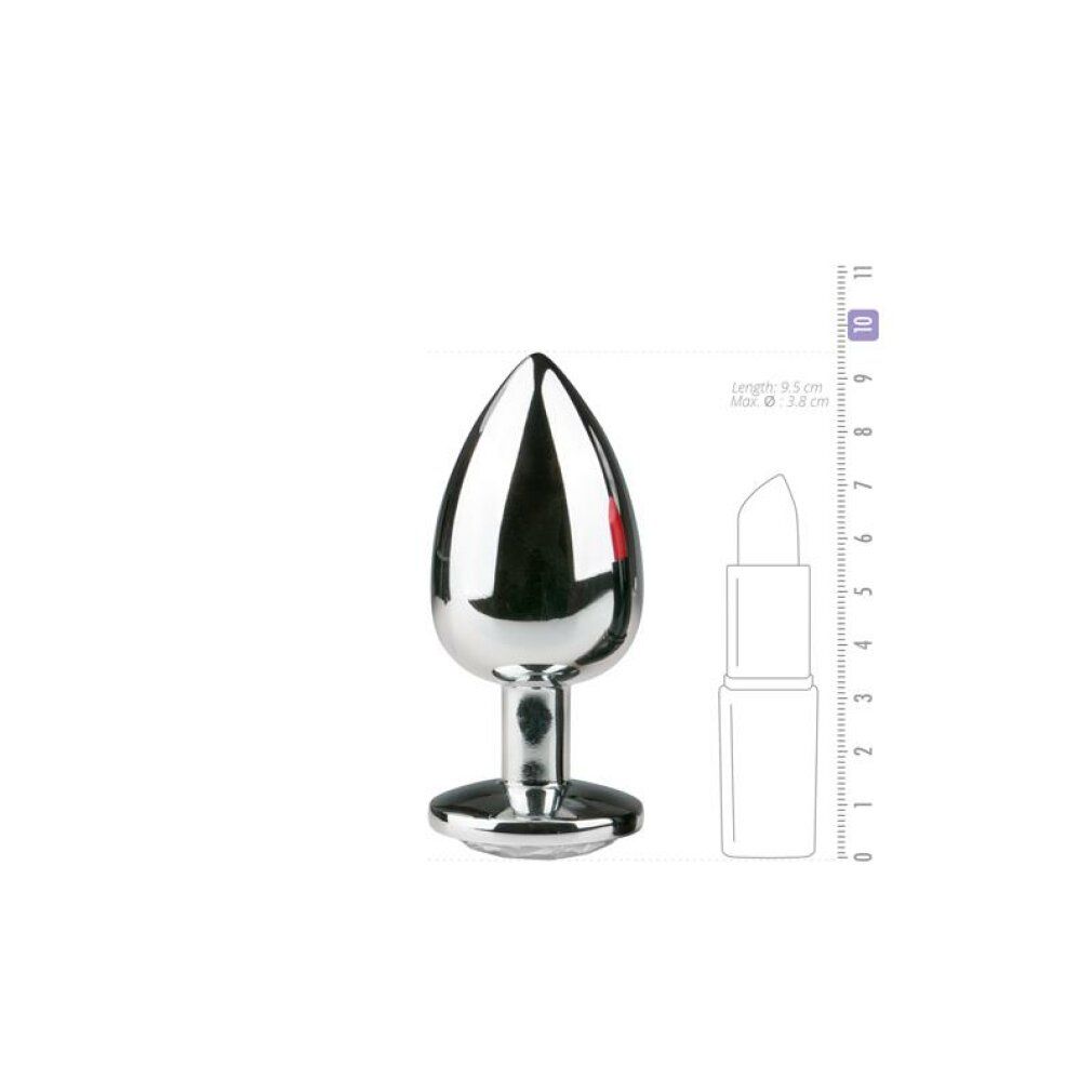 Plug anale in metallo. Argento, conico. Confronto con rossetto. Dimensioni: 9,5 cm di lunghezza, 3,8 cm di Ø max.