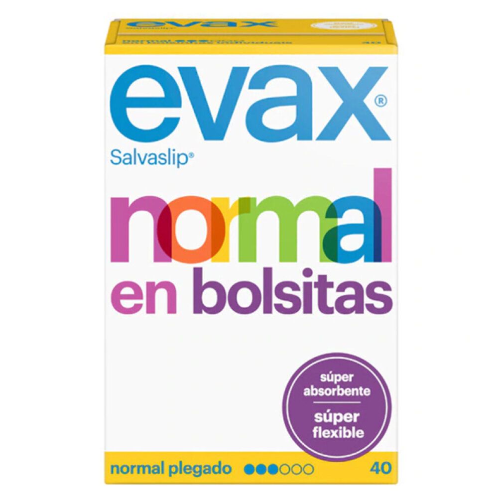 Confezione di Evax Normal Fresh. Bianco, giallo e testo colorato. Contiene 40 pezzi. Con 'Súper absorbente' e 'Súper flexible'.