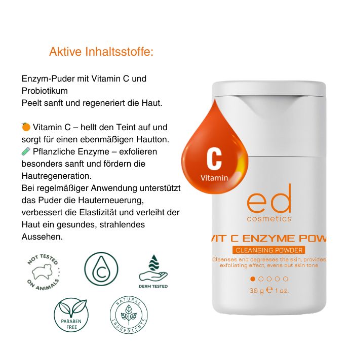 Flacone bianco con testo e illustrazioni. Goccia arancione con 'C Vitamina'. Testo: ED COSMETICS, VIT C ENZYME POW, CLEANSING POWDER.