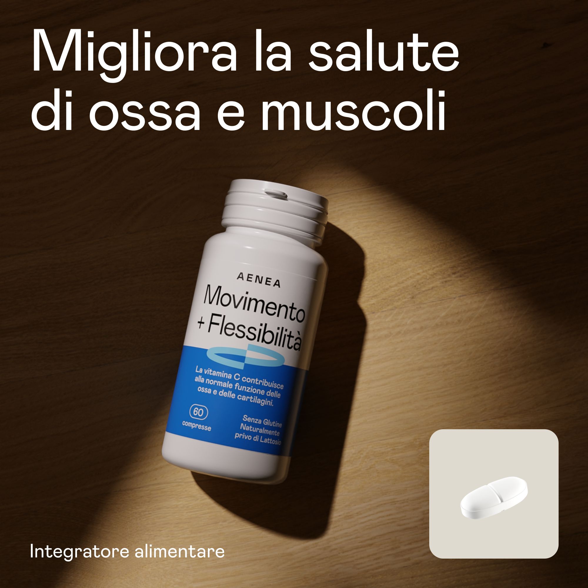 Flacone bianco con compresse. Testo: Aenea Movimento + Flessibilità. 60 compresse. Integratore alimentare. Compressa.