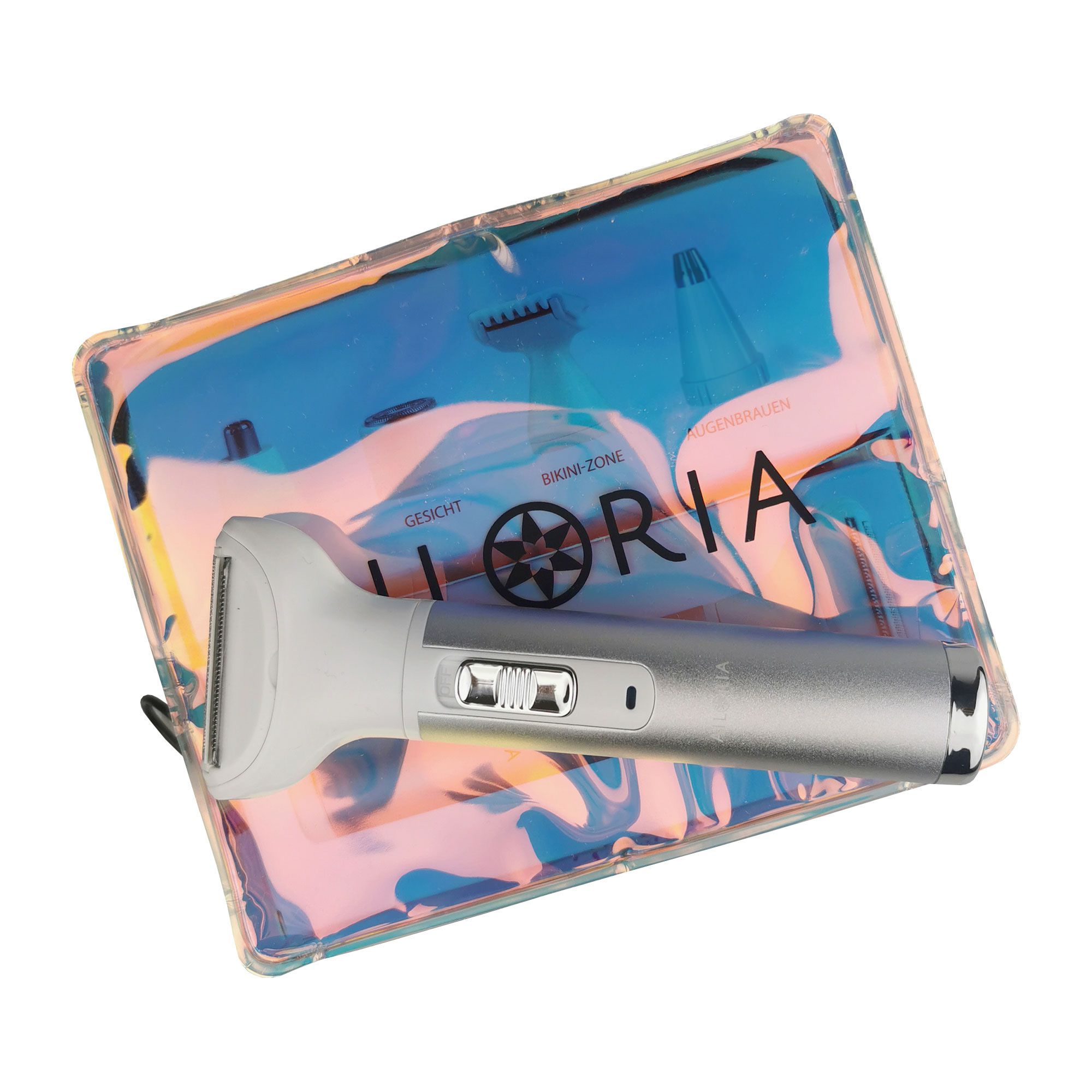 Rasoio in una custodia trasparente. Sulla custodia: AILORIA. Il rasoio ha una testina bianca e un interruttore argentato.