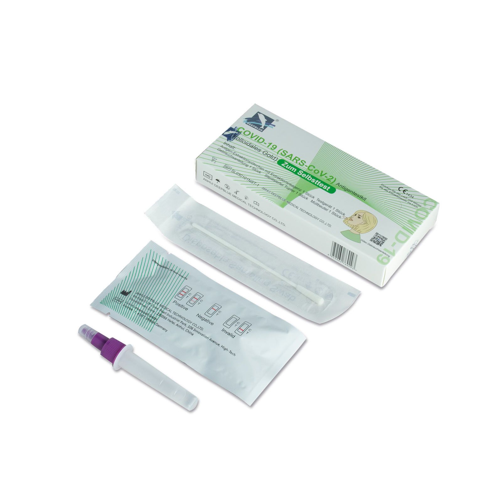 Kit di test con confezione, tampone, cassetta di test e provetta di estrazione. Scritta: Test rapido dell'antigene COVID-19 (SARS-CoV-2).