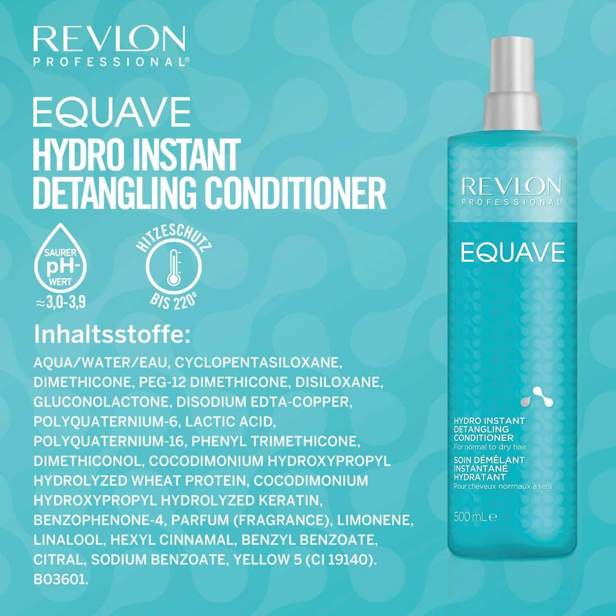 Revlon Equave Hydro Conditioner. Flacone turchese. Testo: Hydro Instant Detangling Conditioner. Ingredienti. pH 3,0-3,9.
