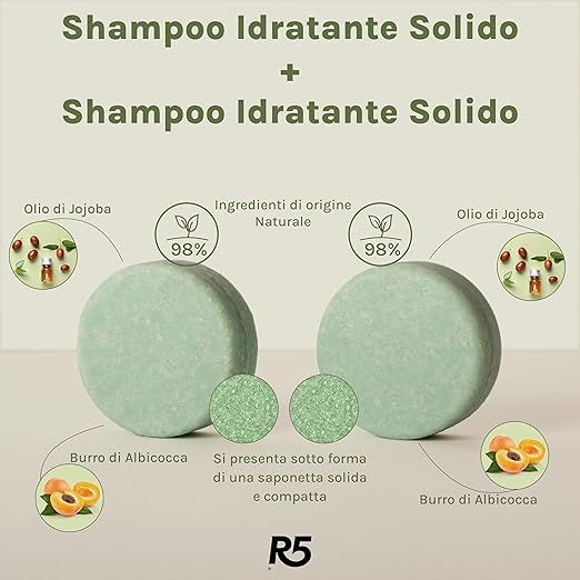 Due shampoo solidi rotondi verdi. Testo: 'Shampoo Idratante Solido'. Ingredienti: olio di jojoba, burro di albicocca. Logo 'R5'.