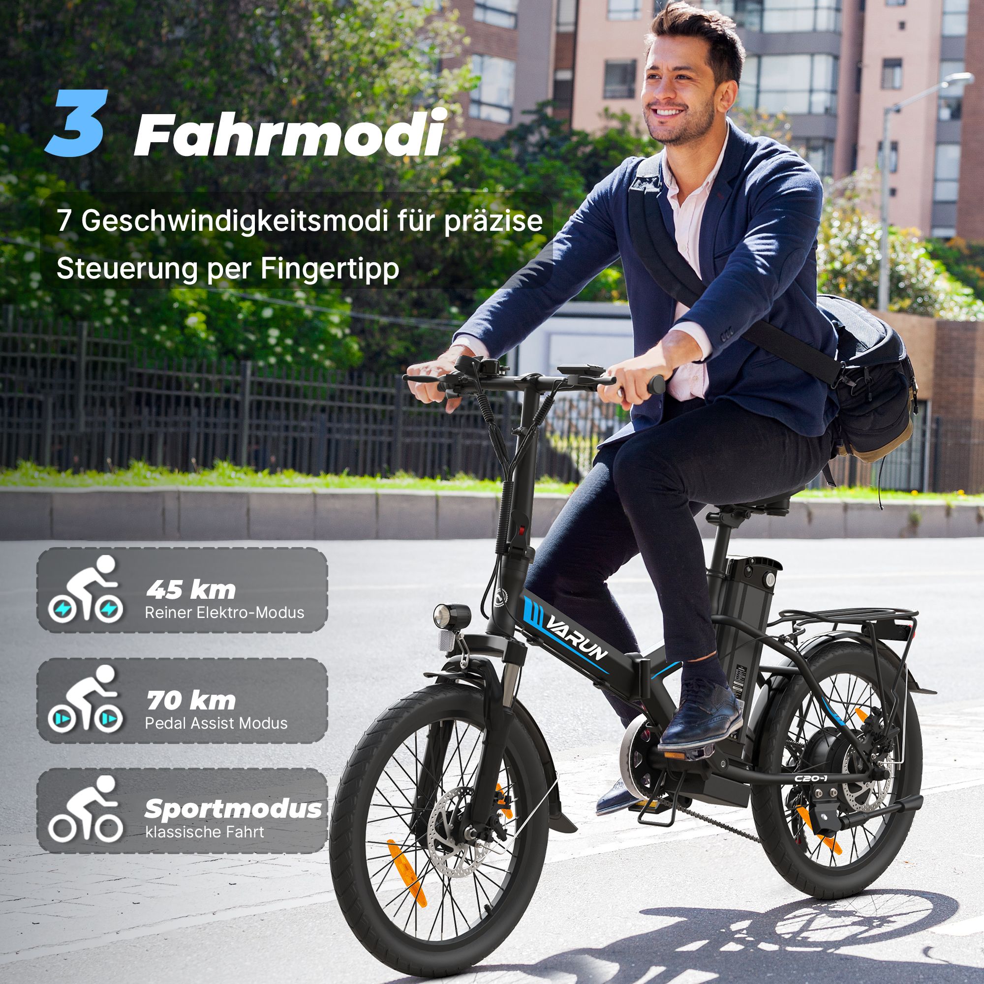 Uomo in e-bike. 3 modalità di guida, 7 velocità. Dettagli: modalità elettrica 45 km, modalità pedalata assistita 70 km, modalità sport.