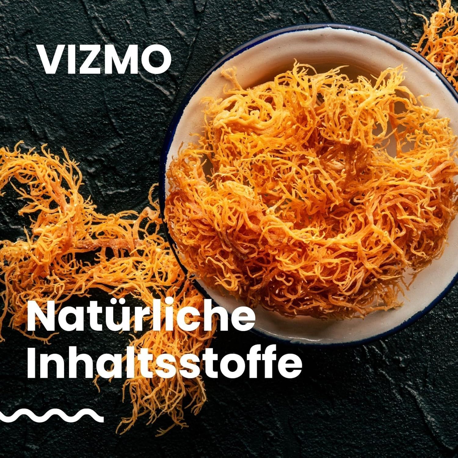 Ciotola con alghe marine essiccate. Testo: Vizmo, Ingredienti naturali.
