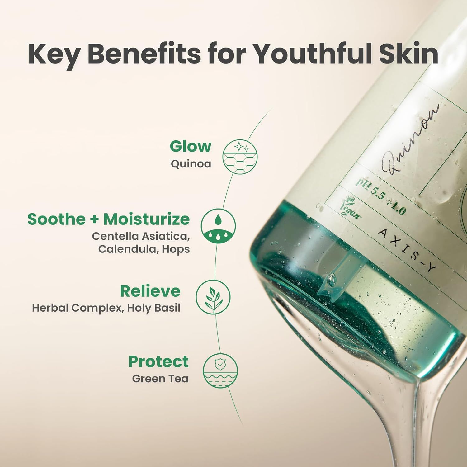 Primo piano della bottiglia. Testo: AXIS-Y, Quinoa, pH 5.5 ± 1.0. Benefici: Glow, Soothe + Moisturize, Relieve, Protect.