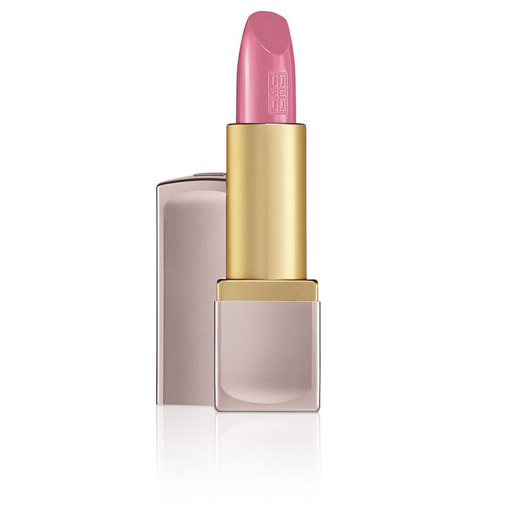 Rossetto rosa in astuccio rosa e base dorata. Il rossetto è estratto. Un logo è impresso sul rossetto.