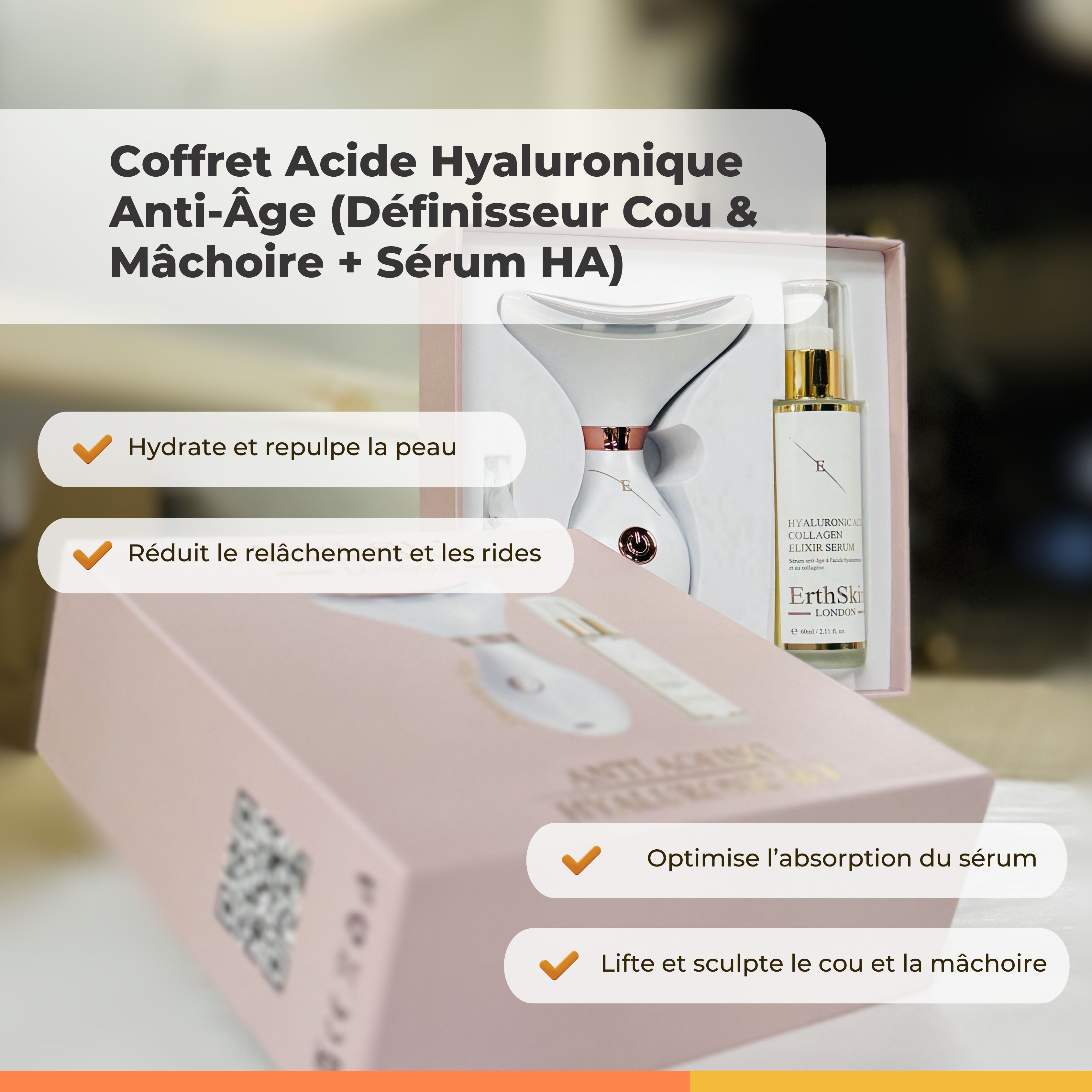 Confezione rosa con set ErthSkin London. Dispositivo, flacone di siero. Testo: Coffret Acide Hyaluronique Anti-Âge.