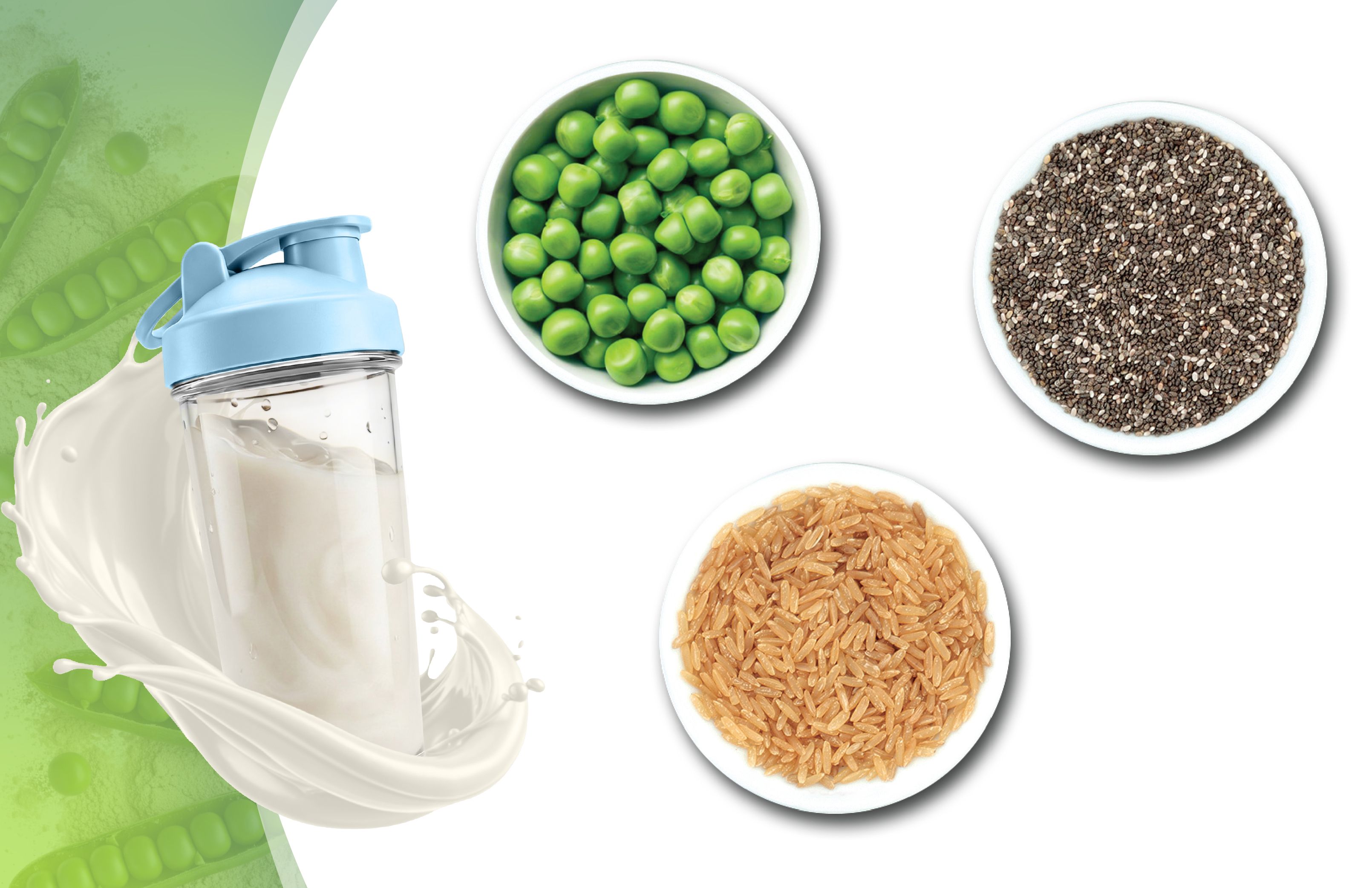 Shaker con frullato proteico, ciotole con piselli, semi di chia e riso.