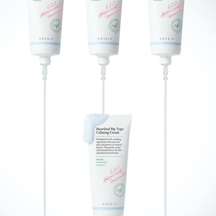 Tre tubi 'Heartleaf My Type Calming Cream'. Crema che esce da un tubo.