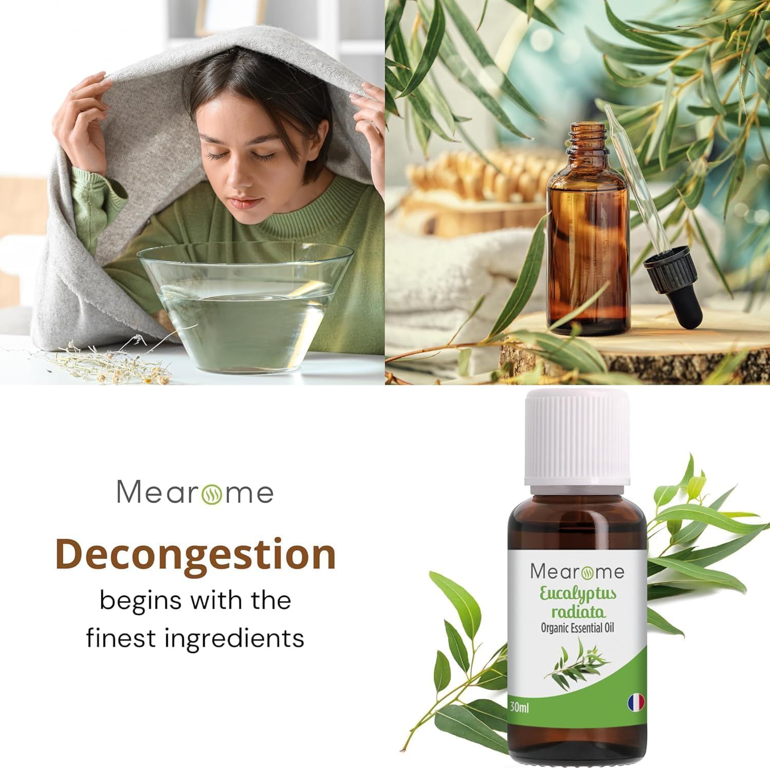 Quattro immagini. Una donna inala. Un flacone con una pipetta. Un flacone con un'etichetta. Foglie di eucalipto.