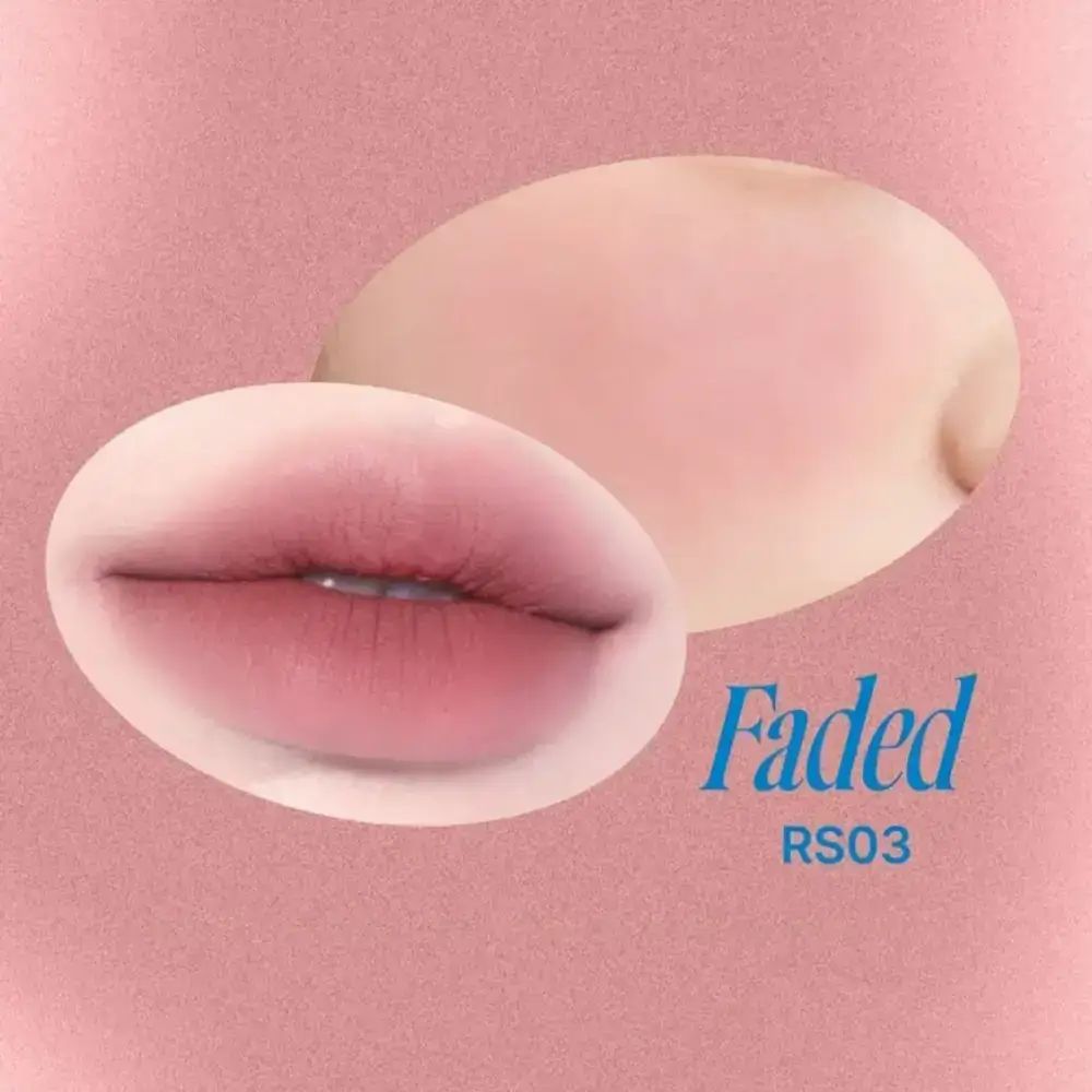 Make-up per labbra e guance. Tonalità RS03 Faded. Labbra e guance rosa. Testo: Faded, RS03.