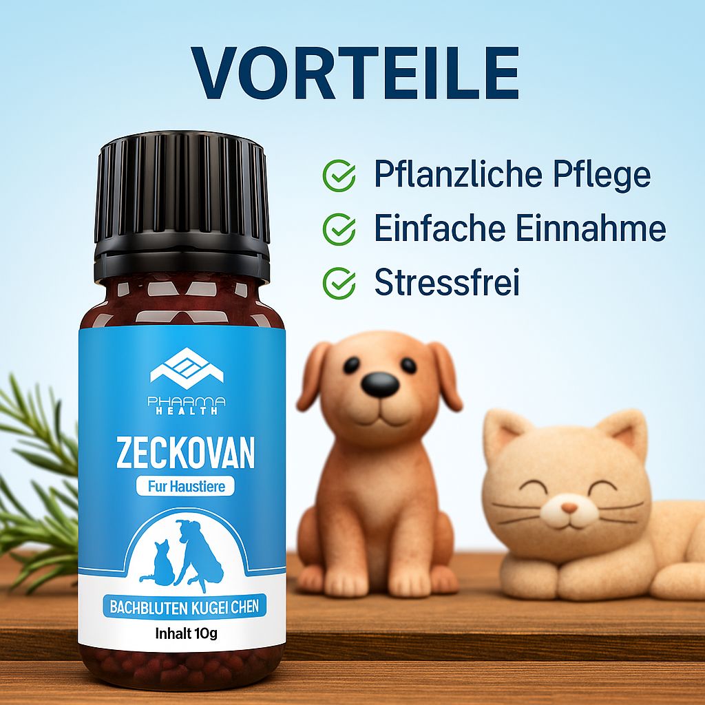 Flacone di vetro marrone con tappo nero. Etichetta blu con nome del prodotto Zeckovan. Cane e gatto accanto al flacone.