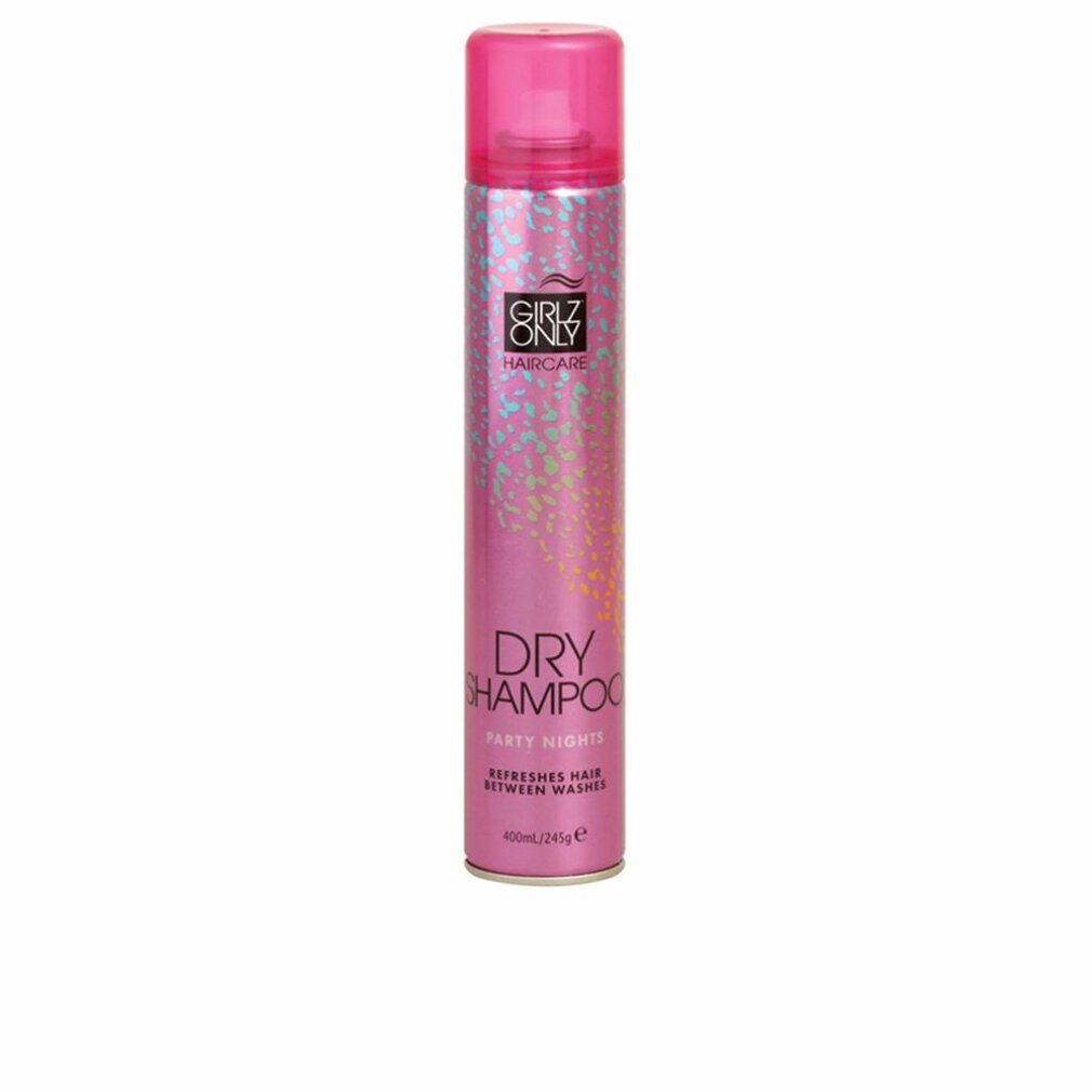 Flacone spray rosa con tappo rosa. Scritta: Girlz Only Haircare, Dry Shampoo Party Nights. Rinfresca i capelli tra un lavaggio e l'altro.