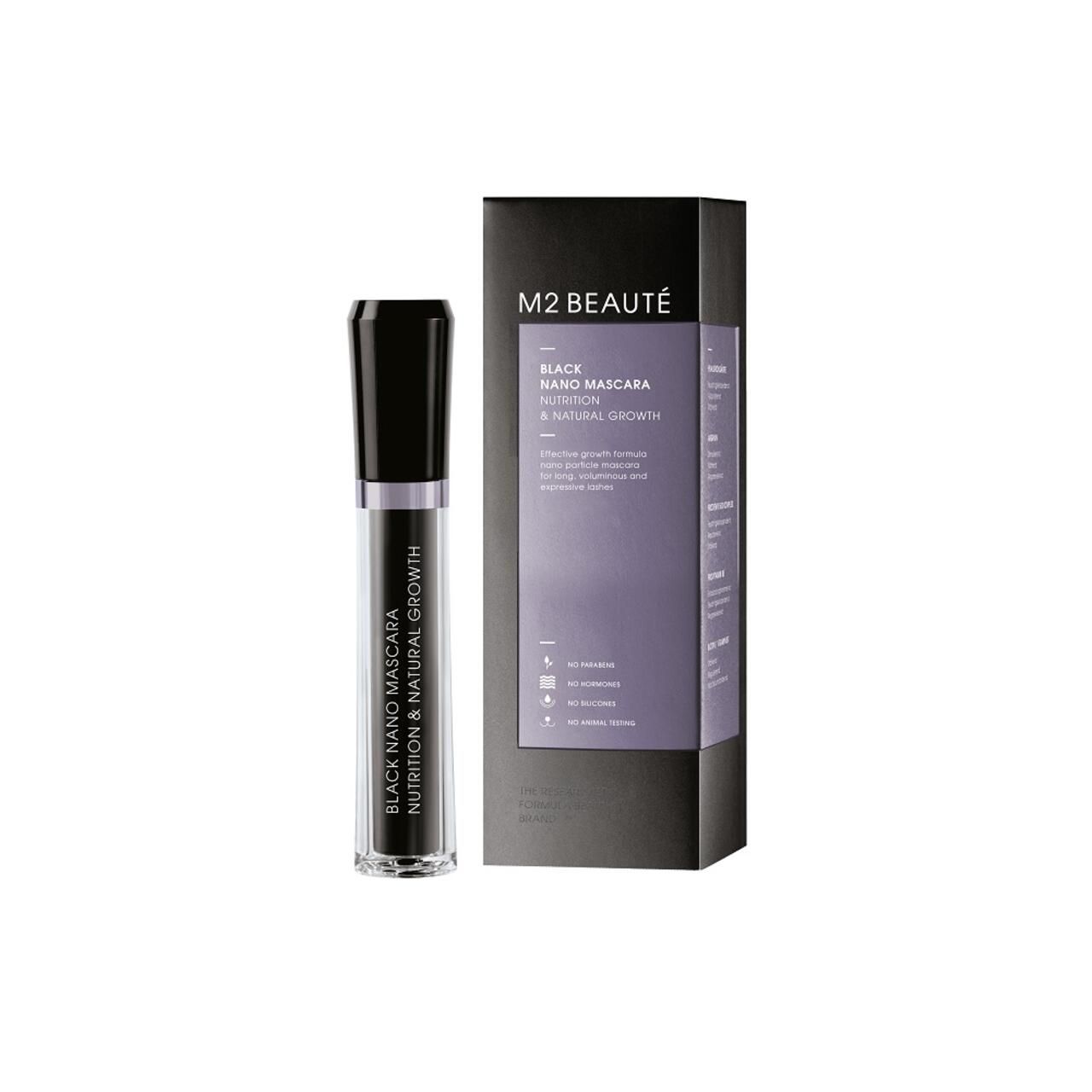 Tubo di mascara e confezione. Scritta: M2 Beauté Black Nano Mascara Nutrition & Natural Growth. Con informazioni.