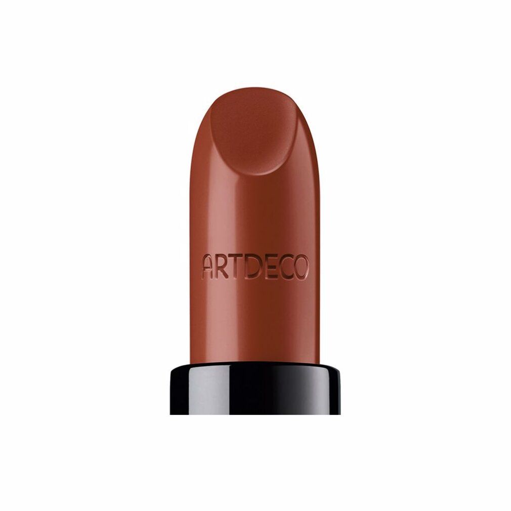Rossetto Artdeco Perfect Color marrone, stick nero. Scritta Artdeco sul rossetto.