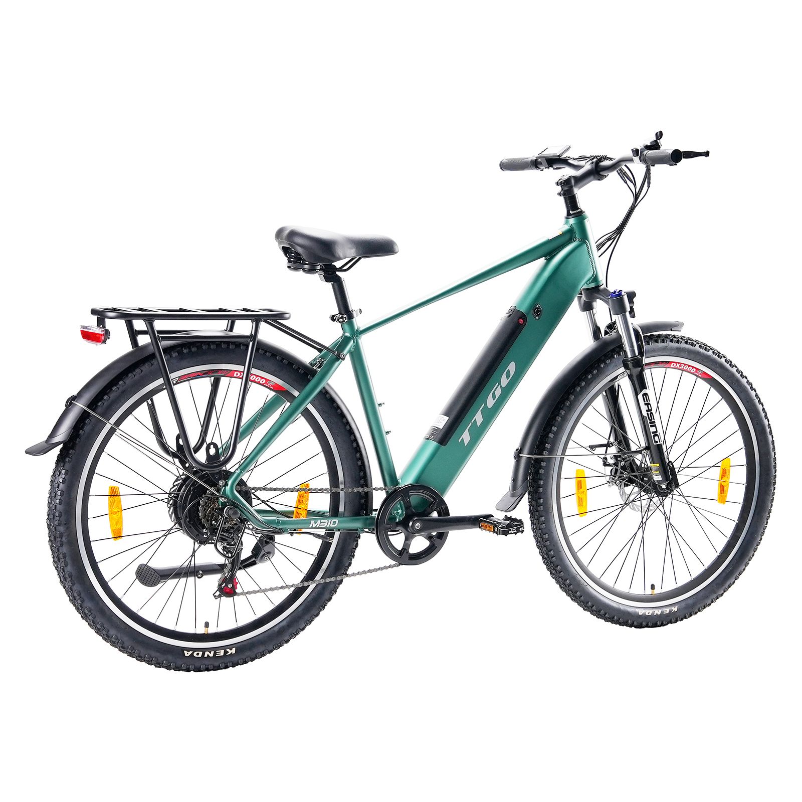 E-bike TTGO verde con portapacchi, sella e pneumatici neri. Riflettori gialli.