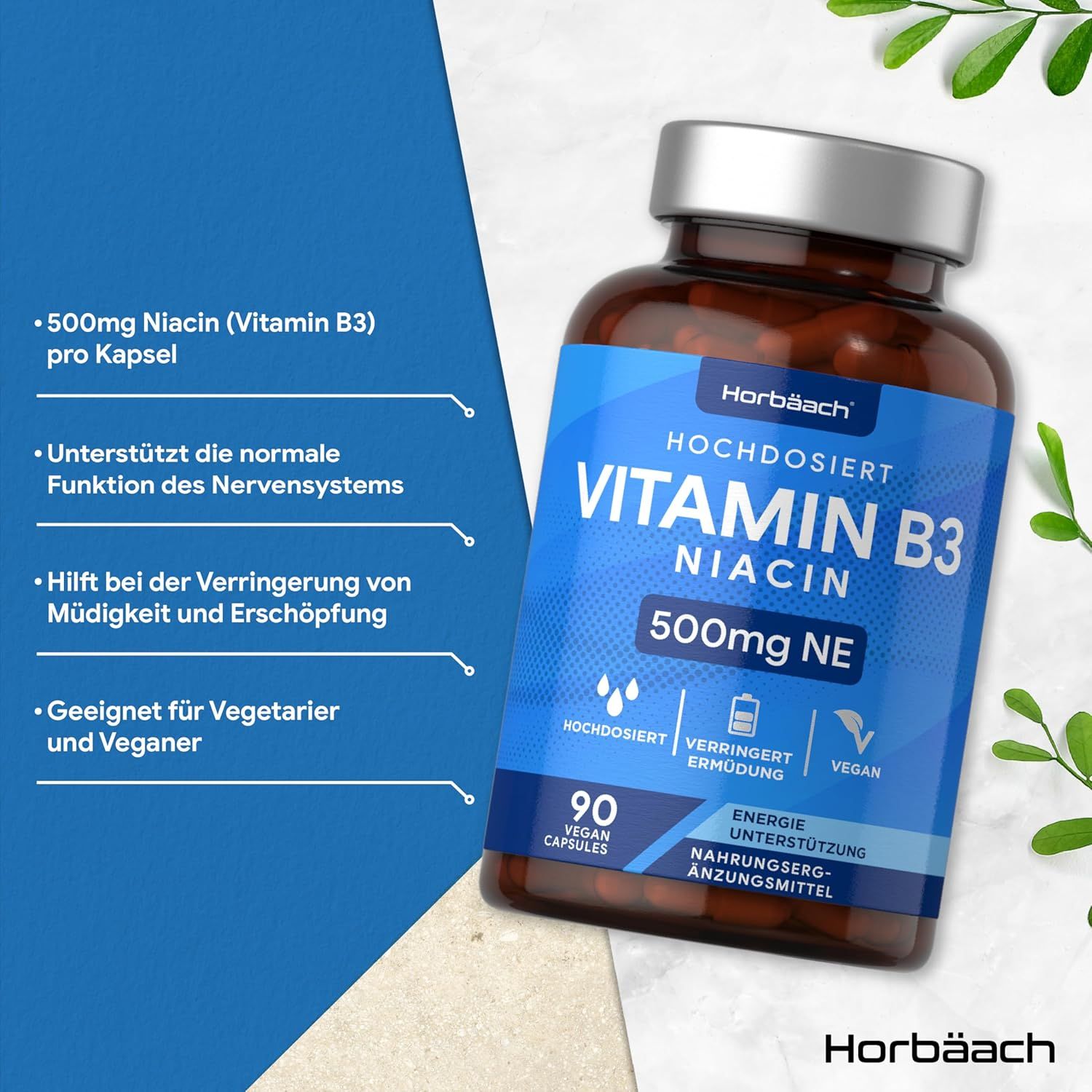 Flacone marrone con testo blu. Contiene 90 capsule di vitamina B3 Niacina 500mg. Vegano. Horbaach. Testo: 500mg Niacina per capsula.