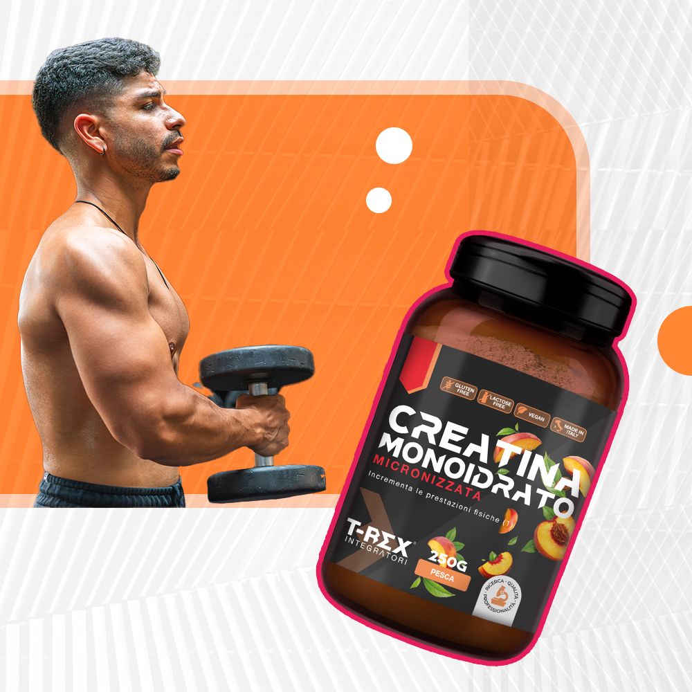Uomo con manubrio, confezione prodotto: Creatina Monoidrato Micronizzata, gusto pesca. Marchio T-Rex.