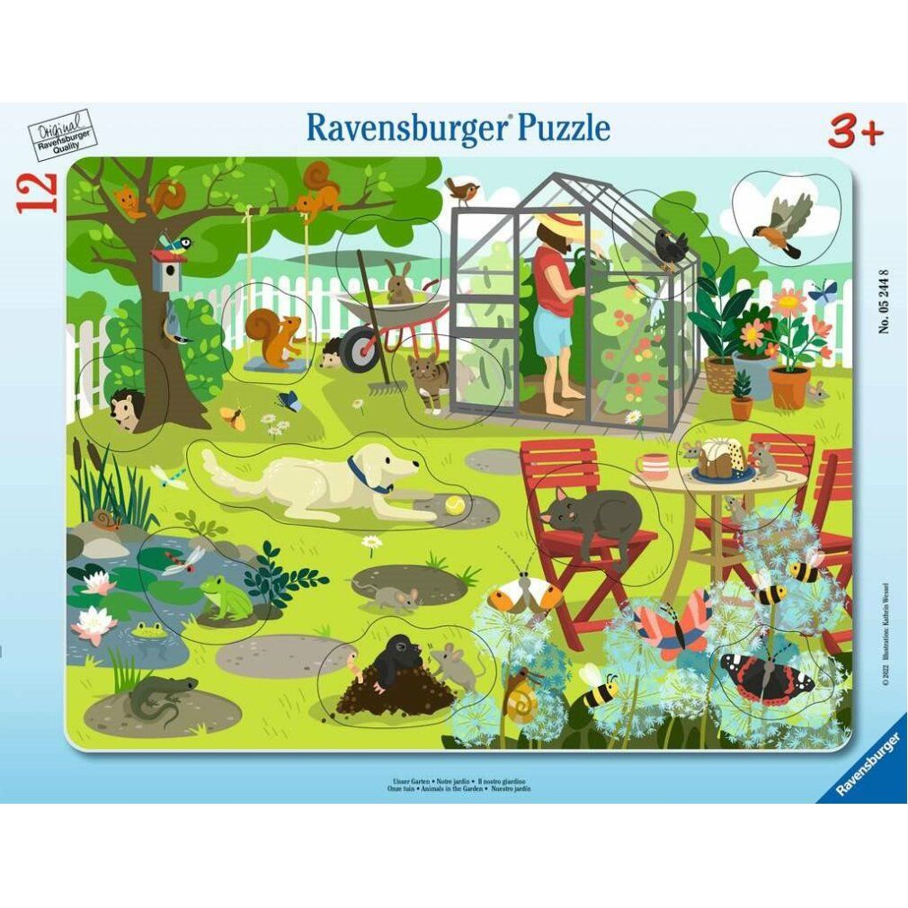 Puzzle "Unser Garten" Ravensburger. 12 pezzi. Da 3 anni. Scena di giardino con persone e animali.