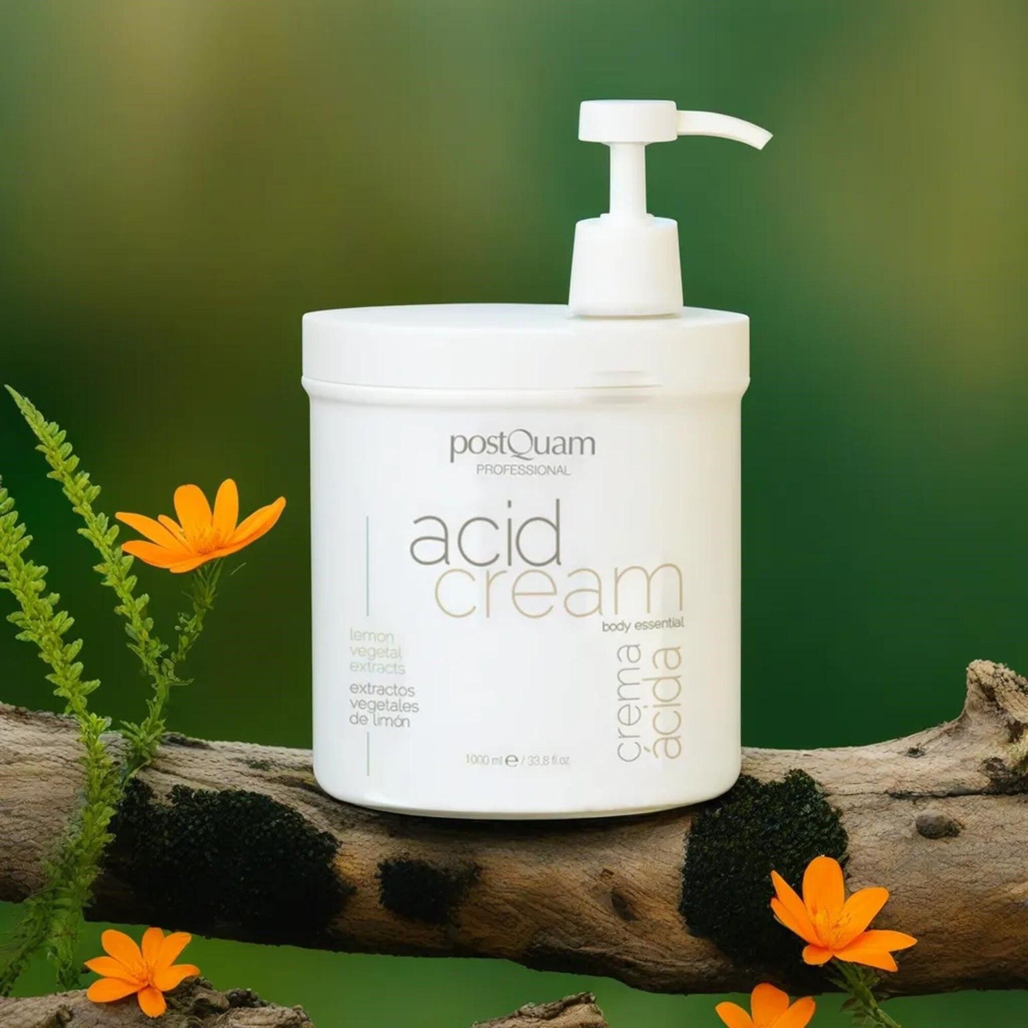 Contenitore bianco con pompa su un ramo. Scritta: "acid cream". Testi aggiuntivi: "lemon vegetal extracts", "extractos vegetales de limón".
