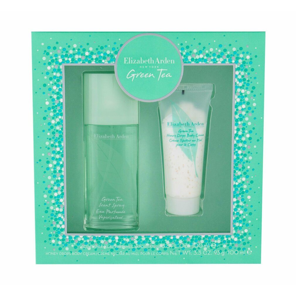 Set regalo Elizabeth Arden Green Tea. Include spray e crema. Confezione turchese con logo e motivo a foglia. 100 ml.