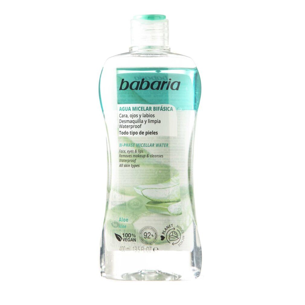 Flacone Babaria Micellar Bifasica. Trasparente, tappo blu ed etichetta. Contiene aloe vera. Vegano.