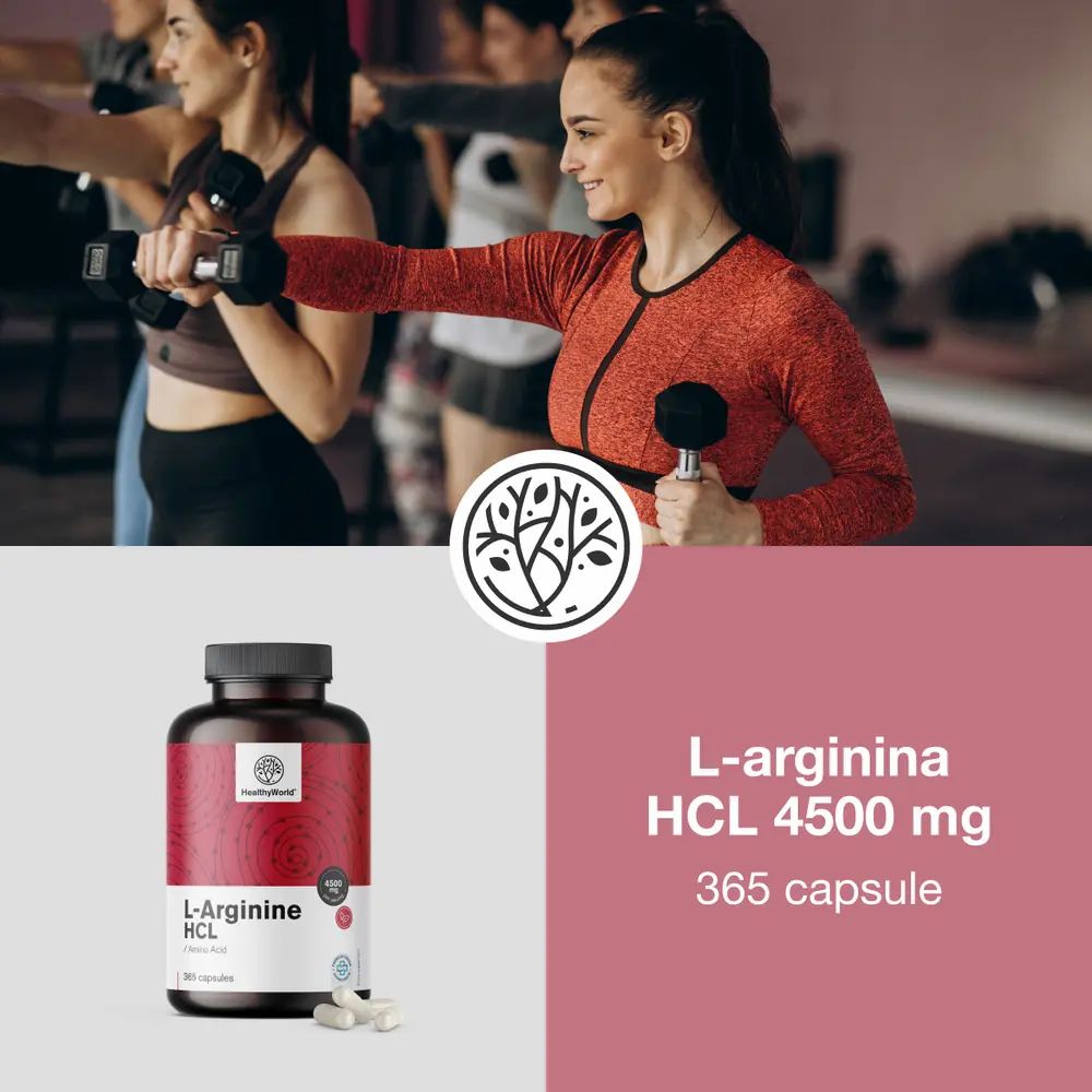 Diversi flaconi di L-Arginina HCL, 4500 mg. Testo: Un aiuto naturale per raggiungere gli obiettivi di fitness.