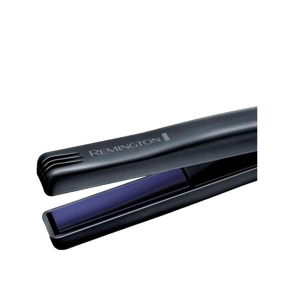 Primo piano di una piastra per capelli nera. Marchio Remington visibile. Aperta, con piastre blu.