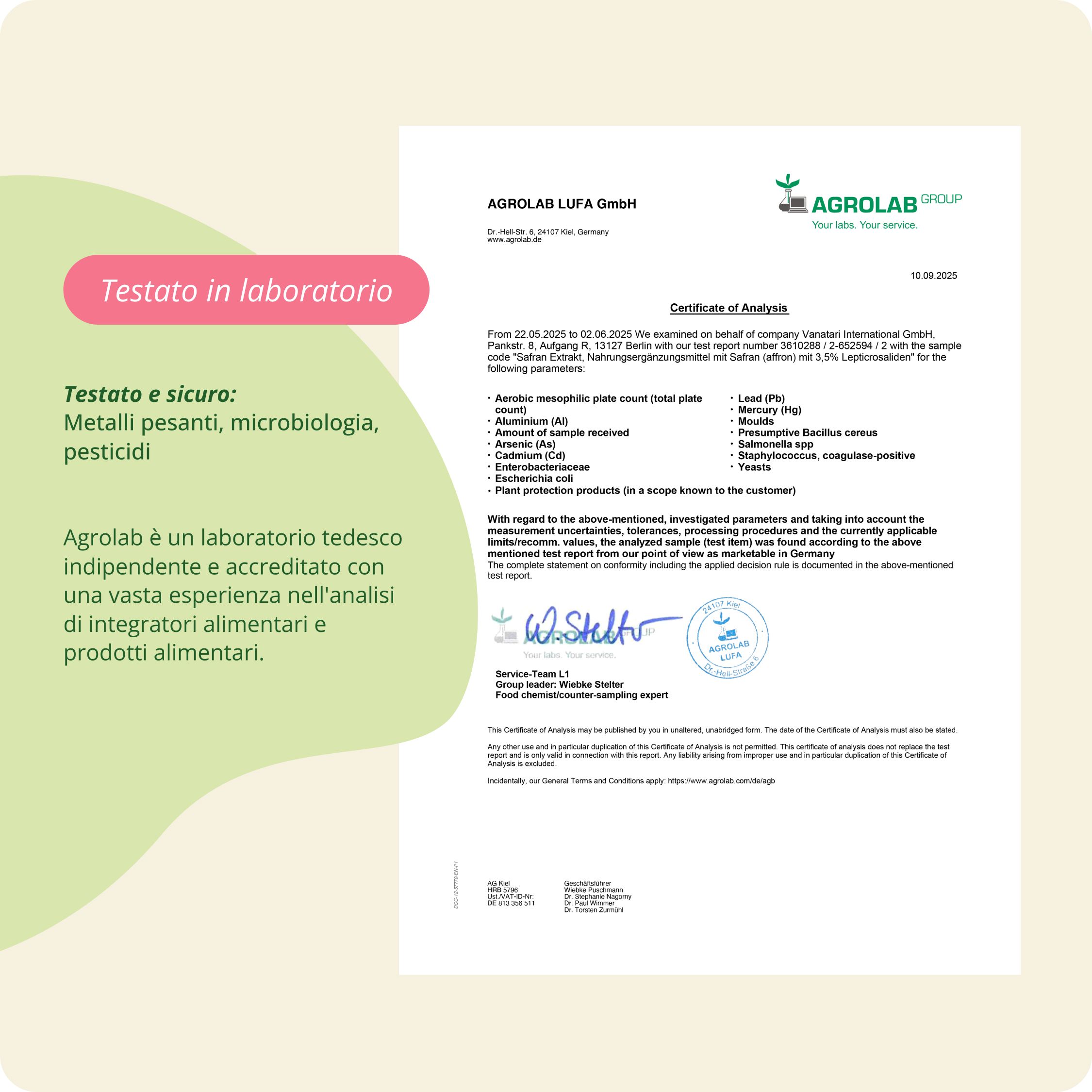 Rapporto di laboratorio Agrolab su metalli pesanti, microbiologia e pesticidi.