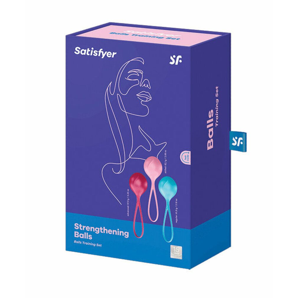 Scatola blu con immagine del prodotto. Scritta: Satisfyer, Strengthening Balls, Balls Training Set. Tre sfere colorate con manici.