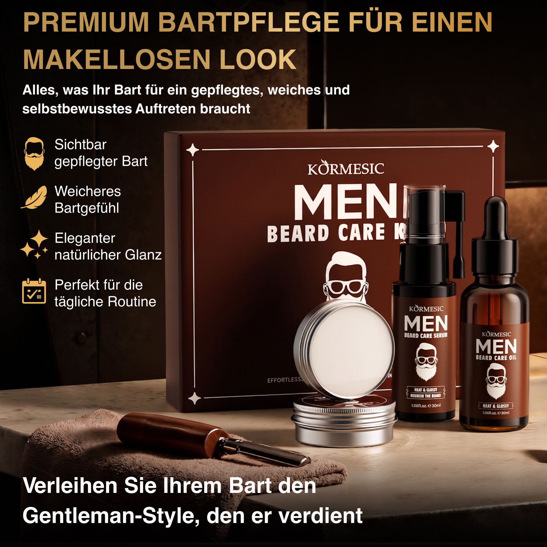 Set cura barba Körnesic Men con olio da barba, siero e cera.