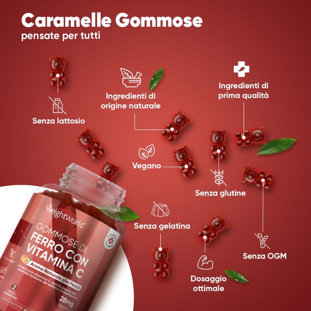 Gommose WeightWorld Ferro & Vitamina C. Senza lattosio, vegano, senza glutine, senza gelatina, senza OGM.